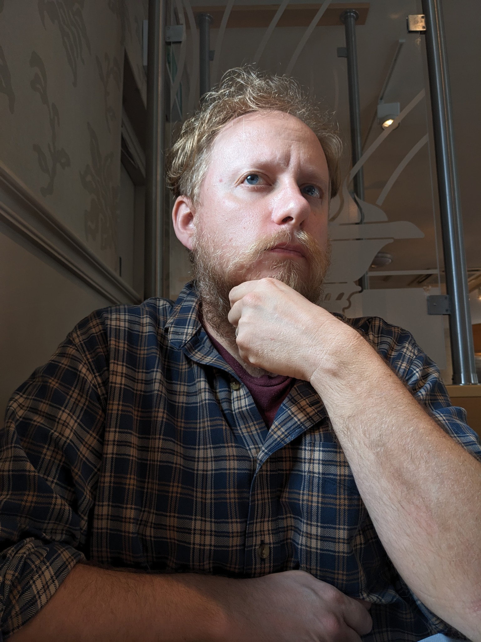 A headshot of Sam W Tennyson. Perspective from slightly below. They're resting both arms on something below the frame, one hand on their chin. Wearing a blue flannel shirt.